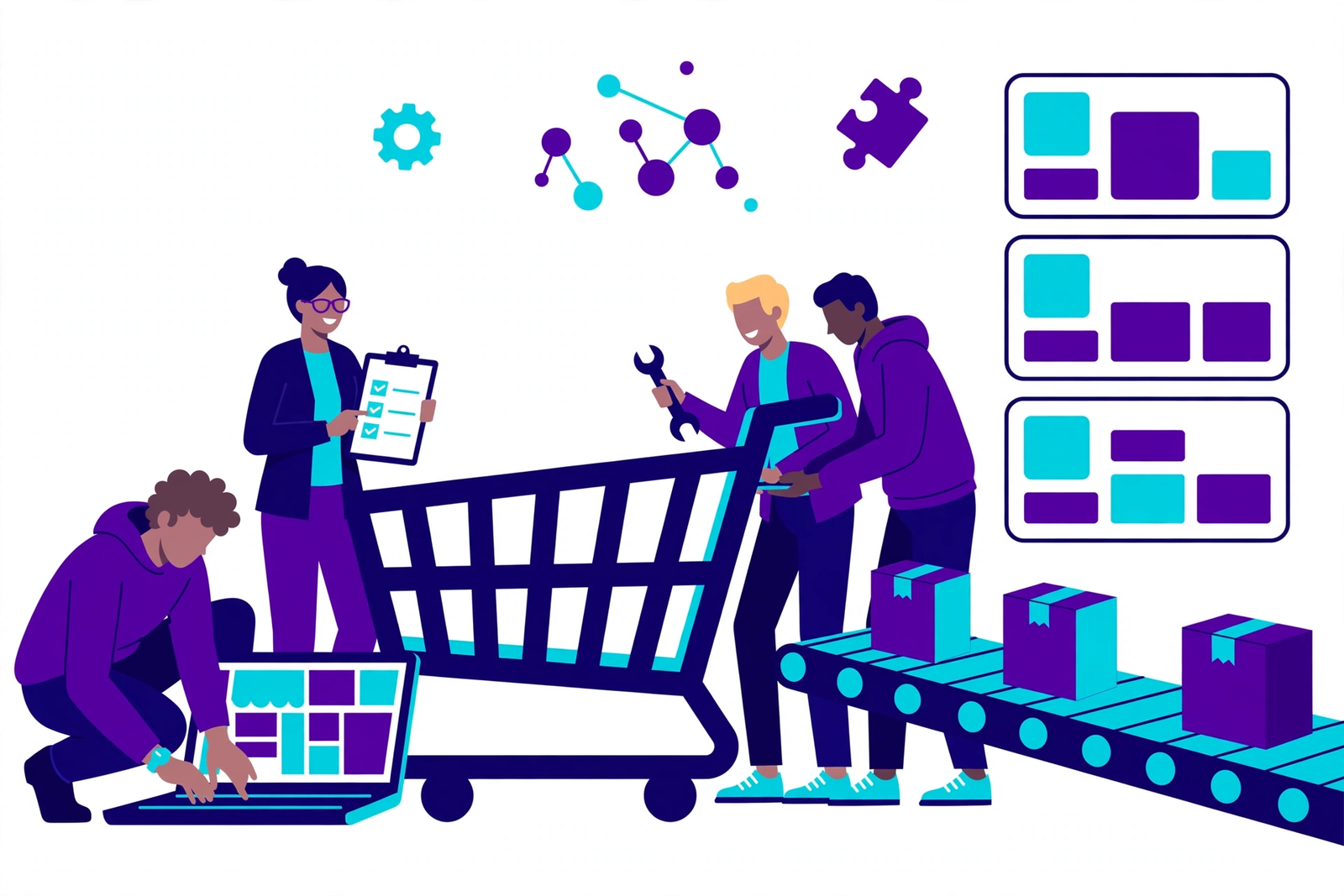 Ecommerce website development illustration showing an online store with product grid and cart