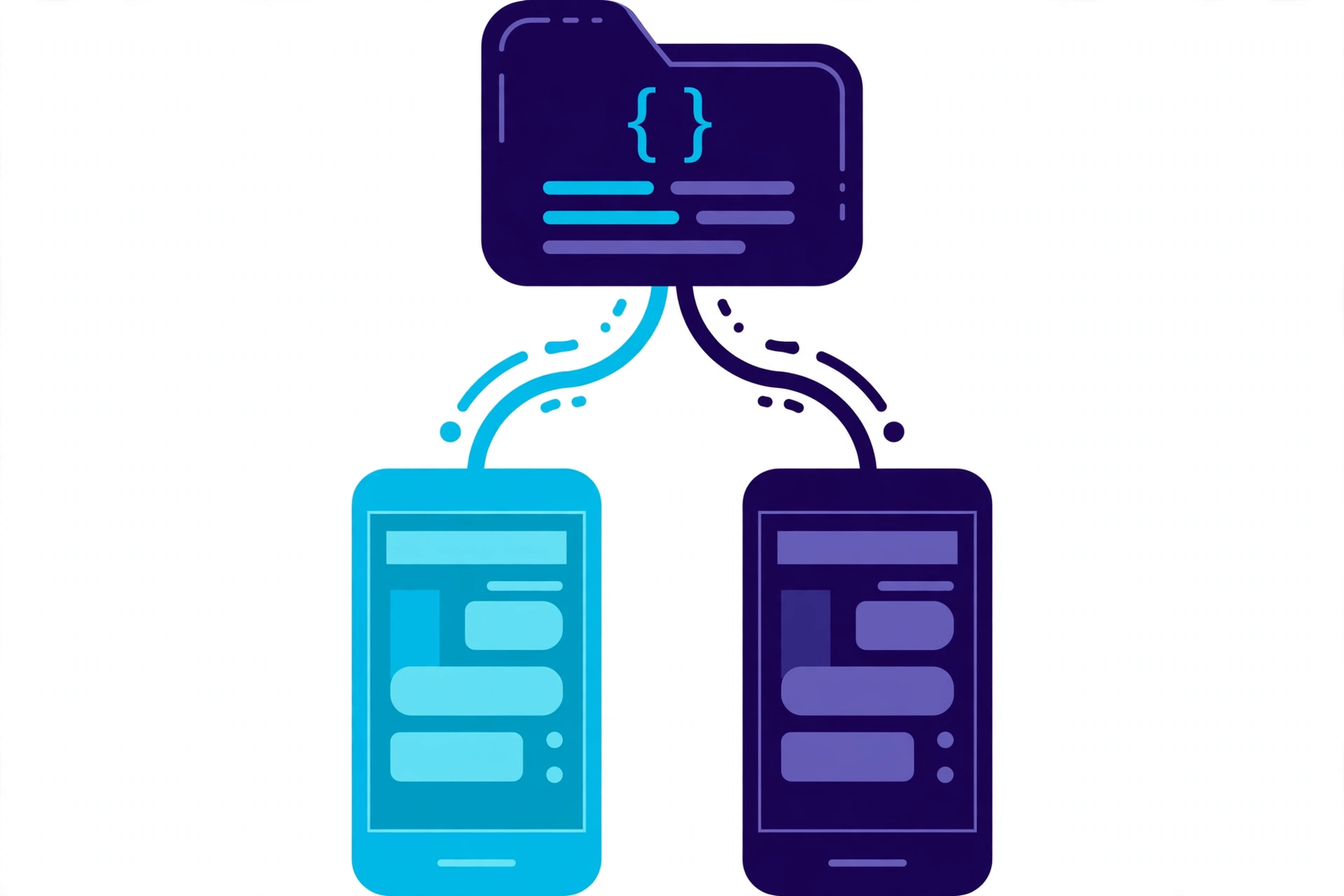 Flutter app development illustration showing a cross-platform mobile app