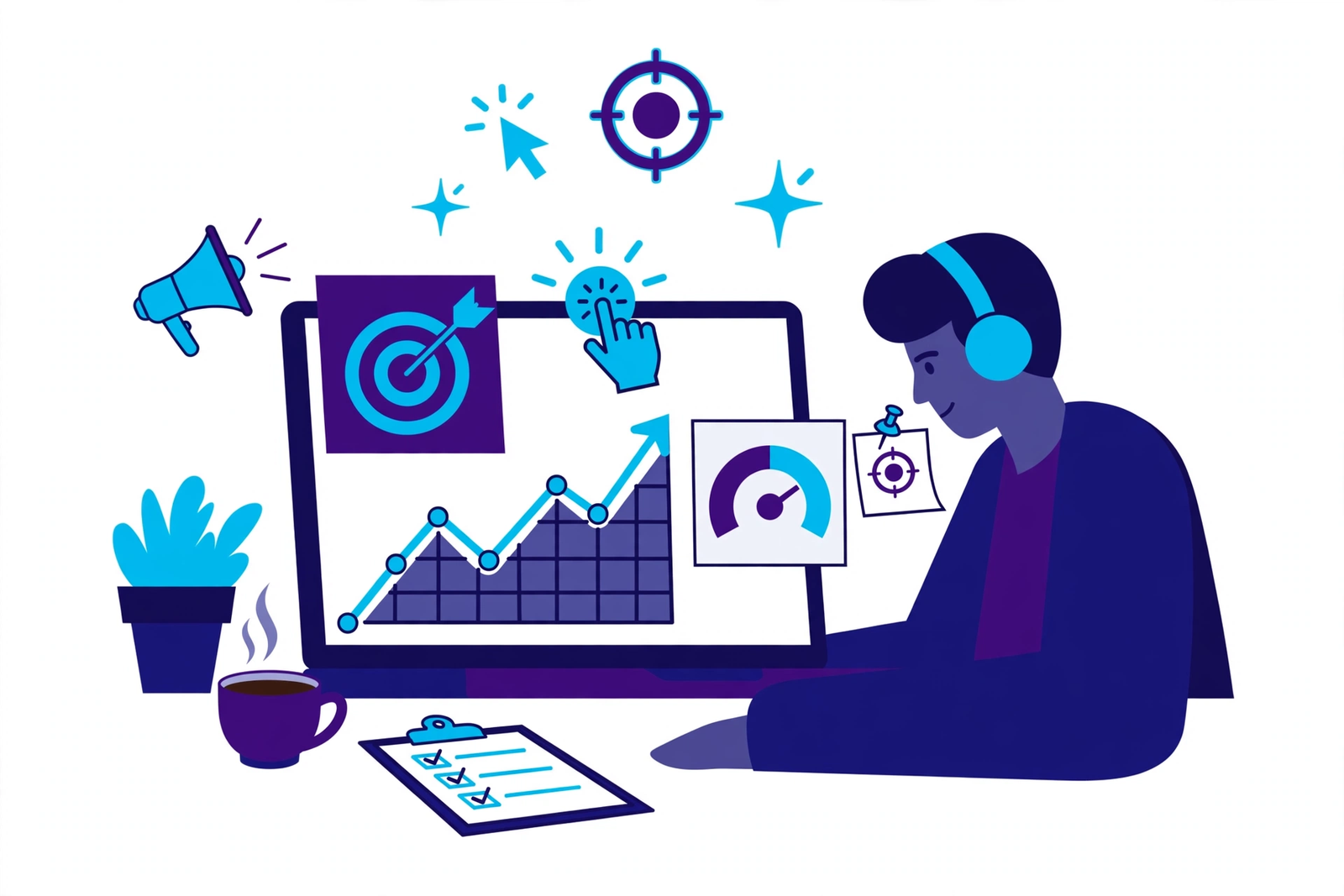 PPC competitor analysis illustration showing Google Ads dashboard